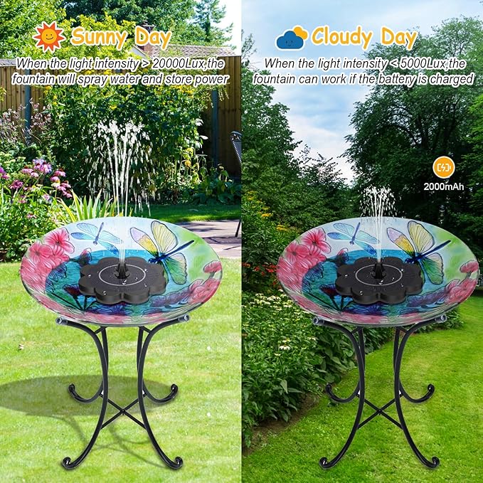 3.5W Solar Fountain with 2000mAh Battery - Work On Cloudy Day- Upgrade Lucky Flower Glass Panel Solar Bird Bath Fountains, Hummingbird Water Fountain Pumps for Birdbath, Pool, and Pond