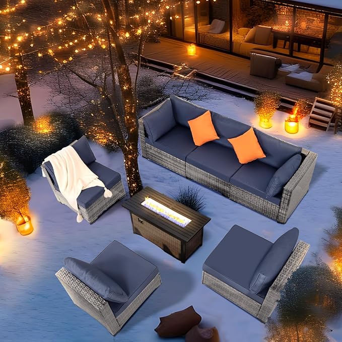 FHFO 7 Piece Outdoor Wicker Patio Furniture Set, Rattan Sectional Sofa Couch, Patio Conversation Set with Cushion & Coffee Table, for Backyard Poolside Porch Garden, Grey/Blue