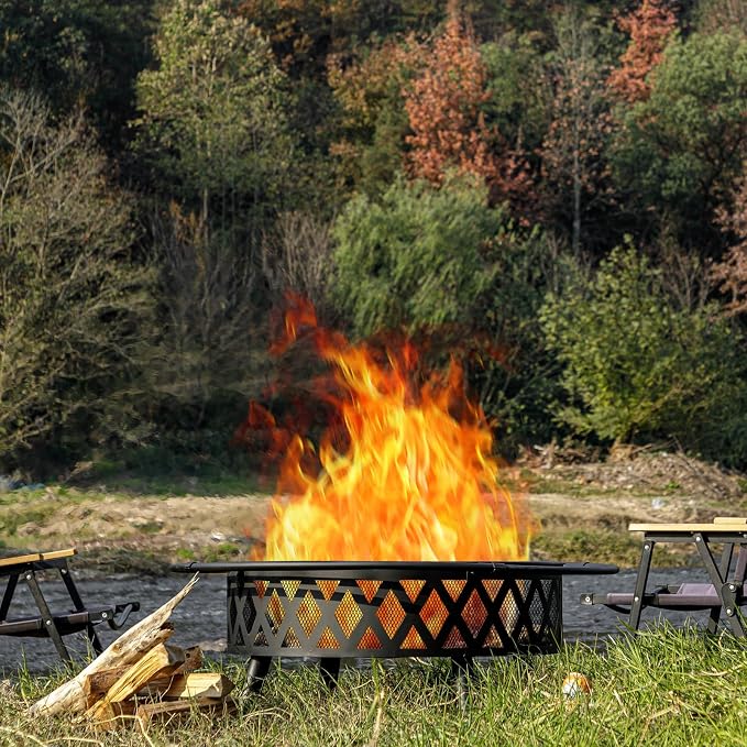 EcoNook 42 Inch Wood Burning Fire Pit with 2 Loops, Outdoor Fire Pit with Spark Screen & Fire Poker, Cross Weave Firepit for Outside Fireplace Bonfire for Yard,Patio, Garden - Image 6