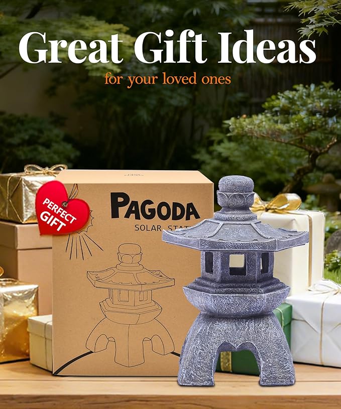 Nacome Solar Pagoda Lantern Garden Statue,Indoor/Outdoor Zen Asian Decor for Landscape Balcony,Garden,Patio,Porch Yard Art Ornament,Polyresin, Stone Finish