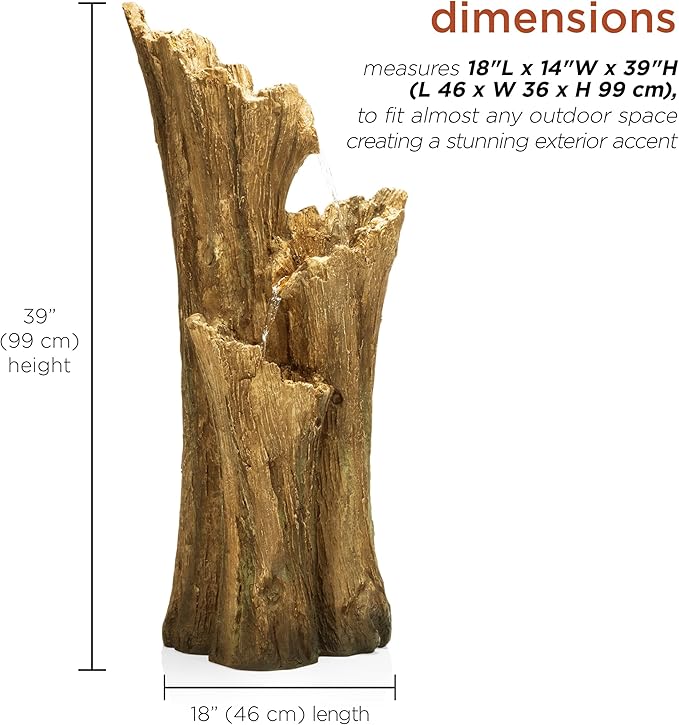 Alpine Corporation TZL210 39” Outdoor 3-Tiered Aged Log Water Fountain with LED Lights – Garden Water Feature for Patio, Lawn & Yard Decoration, Brown