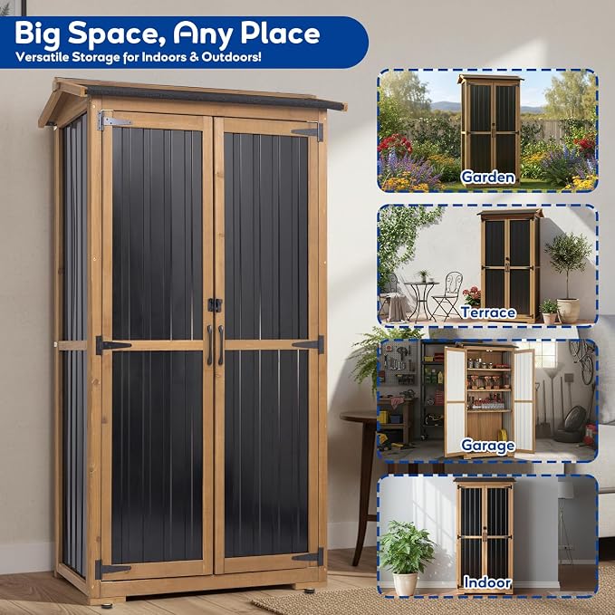Storage Cabinet Outdoor Garage Cabinets with 3 Adjustable Shelves, Lockable Door, Wood & Metal Weather-Resistant Pantry Cabinet for Patio Garden Home Farm (33.3" Lx 21" Wx 69" H) - Image 8