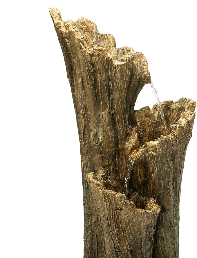 Alpine Corporation TZL210 39” Outdoor 3-Tiered Aged Log Water Fountain with LED Lights – Garden Water Feature for Patio, Lawn & Yard Decoration, Brown