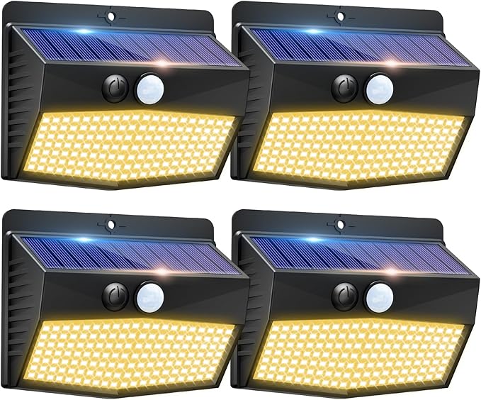 Peasur Solar Outdoor Lights, [4 Packs] Motion Sensor Security Lights with 3 Lighting Modes Wall Lights Waterproof Solar Powered Lights for Garden Yard, Warm