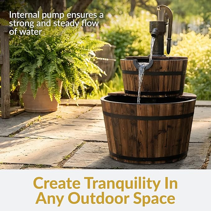 Sunnydaze 2-Tier Wood Barrel Water Fountain - 34-Inch Vintage Water Pump Fountain with Submersible Pump - for Garden, Patio, Decks