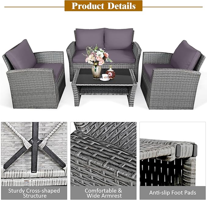 COSTWAY 4 Pieces Patio Rattan Furniture Set, Outdoor Wicker Sofa Set with Tempered Glass Coffee Table, Cushions, All Weather Rattan Conversation Set for Yard Balcony Backyard Pool (Grey)