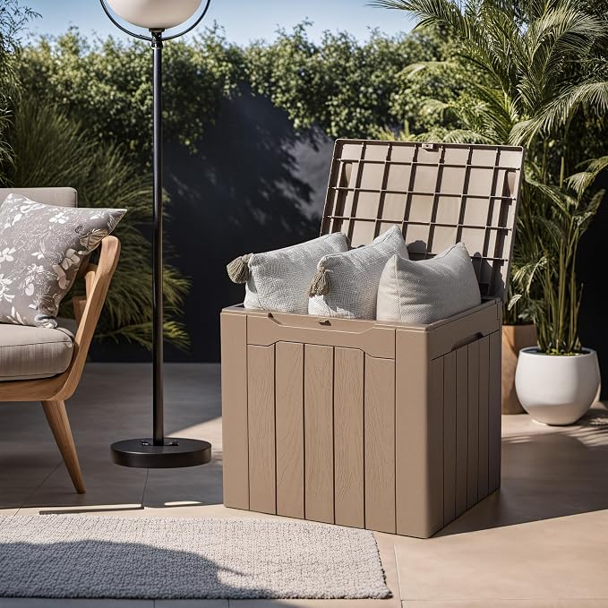 Devoko 31 Gallon Waterproof Outdoor Storage Box Resin Deck Box Lockable and UV Resistant for Patio Furniture,Garden Tools (Light Brown) - Image 3