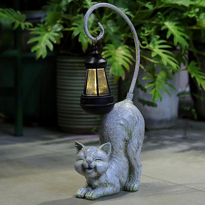 Laughing Cat Figurine with Solar-Powered LED Light, 15.7 Inches Tall Marble, Perfect for Gift Garden Decor or Housewarming for Cat Lovers.