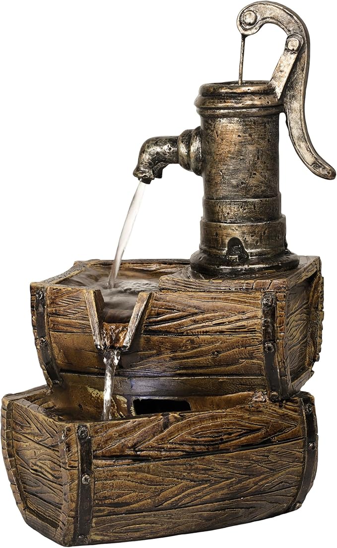 Alpine Corporation WIN826 14” Vintage Water Pump Tabletop Fountain with 2-Tiered Barrel Design & LED Lights – Decorative Indoor Water Feature for Home & Office, Brown