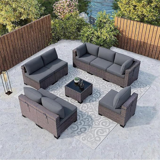 Kullavik 9 Pieces Outdoor Patio Furniture Set,Outdoor Sectional Rattan Sofa Set Brown PE Rattan Wicker Patio Conversation Set with Tempered Glass Coffee Table and Washable Cushions Covers,Grey
