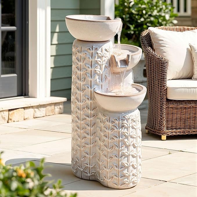 28" H Ceramic Outdoor Water Fountain with LED Lights, 3-Tier Cascading Bowls Water Feature, Tranquil Waterfall for Relaxing Garden, Patio, Yard, or Porch, Beige Glaze, Embossed Leaf Patterns