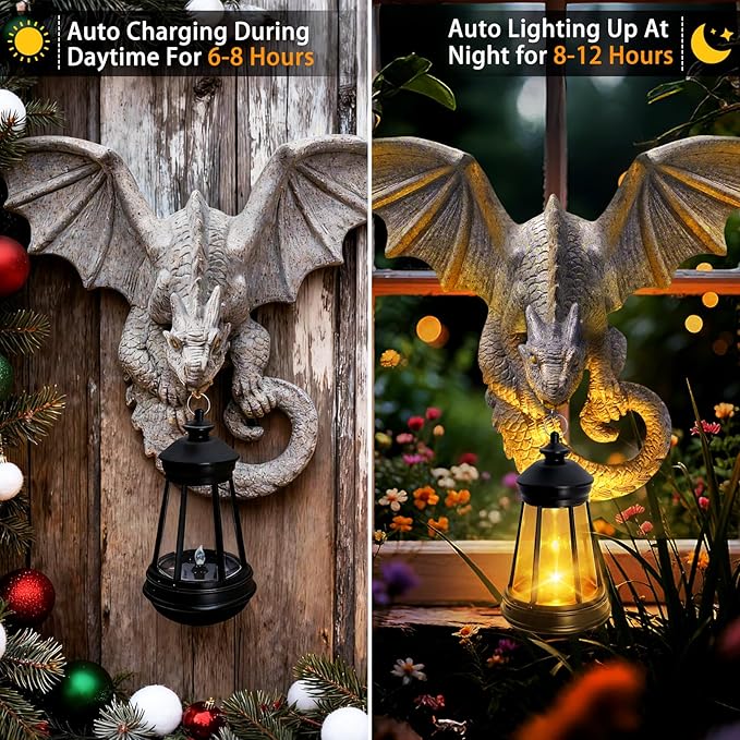 Dragon Tree Hugger Garden Statue - Resin Dragon Figurine Wall Hanger Sculptures Decor with Solar Lantern Lights, Outdoor Waterproof for Balcony Wall Porch Yard, Gifts for Mom Women Grandma Birthday