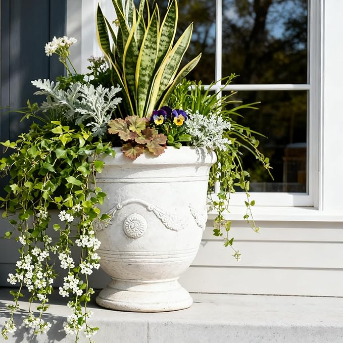 Planters for Indoor & Outdoor Plants, 16.5 Inch Large Magnesium Oxide Urn Planter with Drainage Hole, Decorative Unique Garden Plant Pots for Front Porch & Home Decor, Lightweight, White