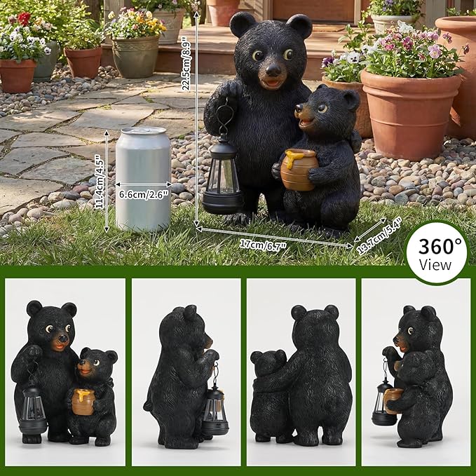 Lavezee Garden Bear Statues, Mother and Baby Bear Figurines with Solar Lantern for Outdoor Porch Yard Lawn, Unique Bear Gifts for Mom Grandma Women