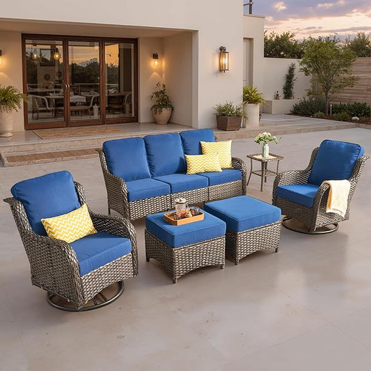 ovios 6-Piece Patio Furniture Set with Swivel Chairs Coffee Table, Outdoor Wicker Sofa with Comfy Cushions, High Back Couch Modern Conversation Sets, Brown/Navy Blue