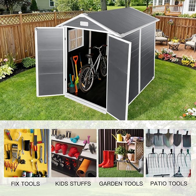 YOPTO 6x6 FT Storage Shed,Plastic Outdoor Storage Shed with Floor and Lockable Door,Waterproof Garden Shed W/Windows & Vents,Sloped Roof,Tool House for Storing Bicycles,Lawnmowers,Gray - Image 5