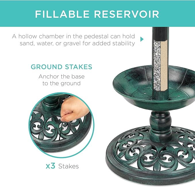 Best Choice Products Outdoor Solar Lighted Pedestal Bird Bath Fountain Decoration w/Planter, Integrated Panel, Scroll Accents for Lawn, Garden - Green