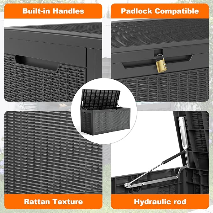 PatioZen 120 Gallon Resin Deck Box, Lockable Weatherproof Outdoor Storage Box for Furniture, Garden Tools and Tools Storage, Waterproof Outside Storage Boxes - Black - Image 3