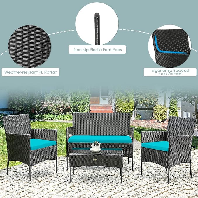 8 Pieces Patio Furniture Set, Outdoor Conversation Set with Ergonomic Curved Backrest, Patio Chair Set with Water-Resistant Cushion & Tempered Glass Table for Balcony,Porch(Turquoise)