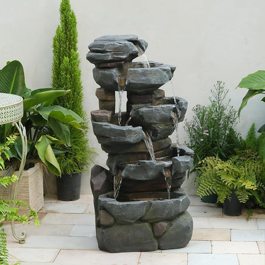 42" H Outdoor Water Fountain with 5 Tiers Large Cascading Realistic Tree Trunk Waterfall Fountains with LED Lights Outdoor Water Fountain for Garden Patio Backyard Porch Home Decor