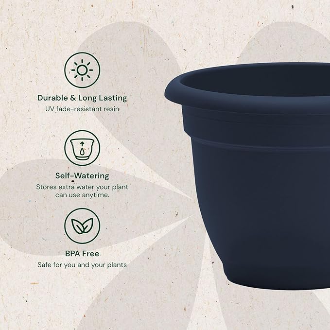 Bloem Ariana 10" Navy Round Self-Watering Resin Planter Pot - Rolled Rim Indoor and Outdoor Gardening Planter