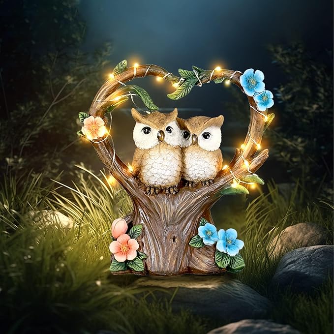 Owl Statue with Solar Lights Outdoor Decor, Resin Owls Figurines for Garden Patio Lawn Decorations, Christmas Birthday Gifts for Women Friends (7.6Inches)