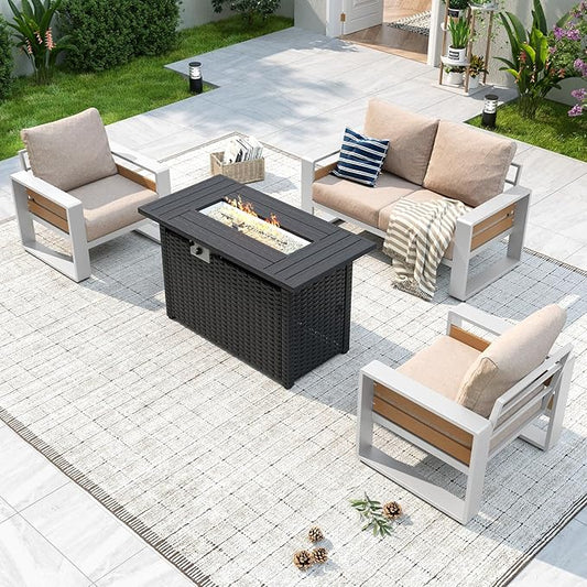 Aoxun Aluminum Patio Furniture Set with Fire Pit Table, 4 Piece Luxury Outdoor Sectional with 6" Olefin Fabric Cushions, Patio Conversation Sets with Waterproof Cover for Backyard, Porch Beige