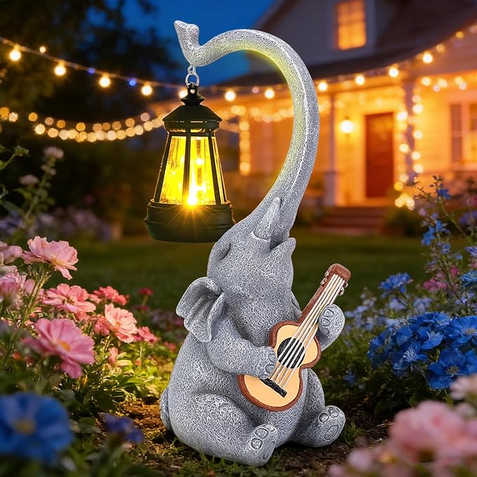 Solar Garden Decor Elephant Statue Lights, Outdoor Shatter-Resistant Resin Garden Statue Decoration for Yard Lawn Home, Unique Birthday and Housewarming Elephant Gifts for Women Mom