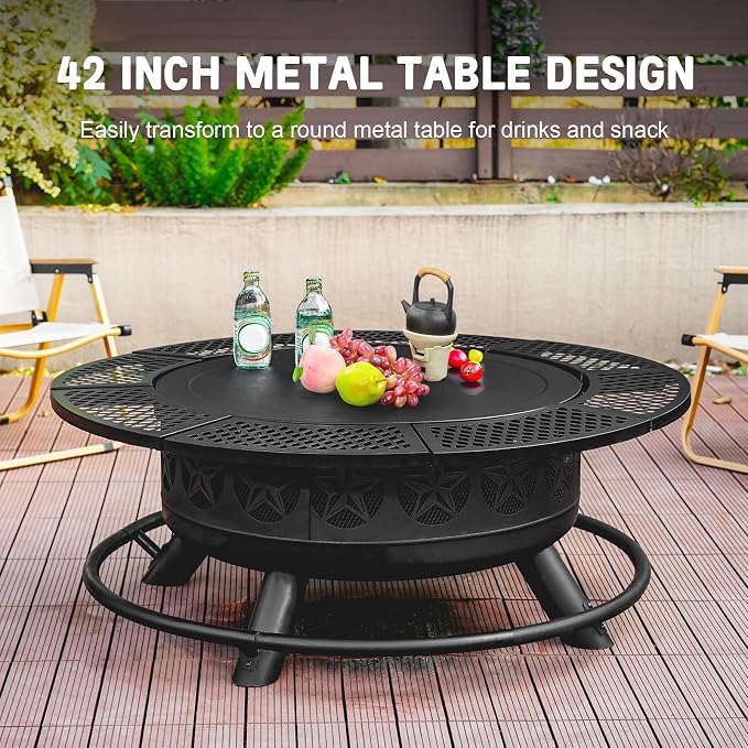 Verdeluxe 42 Inch BBQ Fire Pit with 2 Grills,3-in-1 Outdoor Round Metal Fire Pit Table with Lid,Fire Poker,Large Outdoor Wood Burning Firepits for Outside,Picnic,Bonfire Backyard Patio(Black) - Image 5
