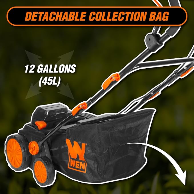 Wen 20V Max Cordless 15-Inch 2-in-1 Brushless Electric Dethatcher and Scarifier with Collection Bag, Two 4.0 Ah Batteries, and Dual-Port Charger (20716) - Image 8