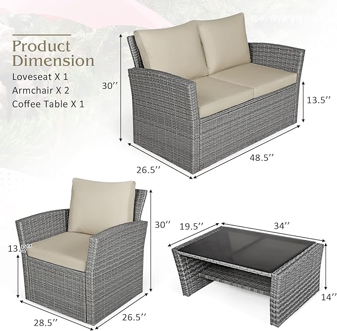 COSTWAY 4 Pieces Patio Rattan Furniture Set, Outdoor Wicker Sofa Set with Tempered Glass Coffee Table, Cushions, All Weather Rattan Conversation Set for Yard Balcony Backyard Pool (Khaki)