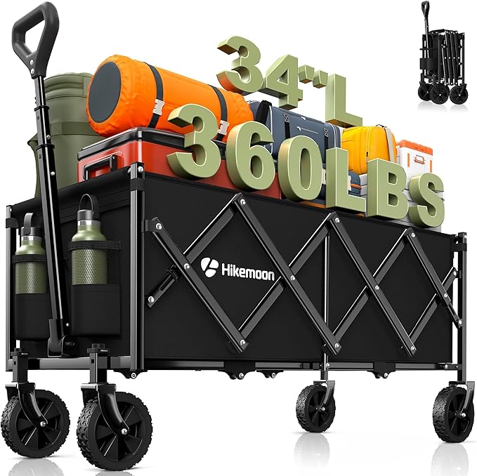 Hikemoon 34'' Extra Long Collapsible Wagons Carts Foldable, 360LBS Heavy Duty Folding Beach Wagon Cart with Wheels, Portable Utility Outdoor Wagon for Grocery, Shopping, Garden, Sports, Camping, Black by Unknown