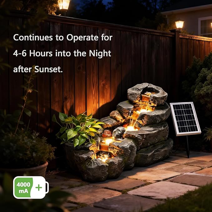38.2" L Solar Water Fountain Outdoor Garden 5 Tiers Floor Standing Rock Natural Waterfall Outdoor Fountains with LED Lights and Planting Pot for Patio, Porch,Backyard,Home Art Decor