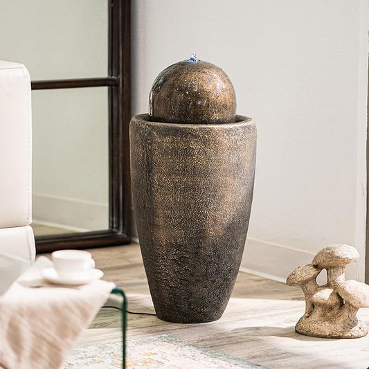 XBrand 26" Modern Sphere Water Fountain with LED Light – Indoor Outdoor Stone Texture Floor Fountain, Zen Bubbling Ball Water Feature for Garden Patio Porch - Bronze