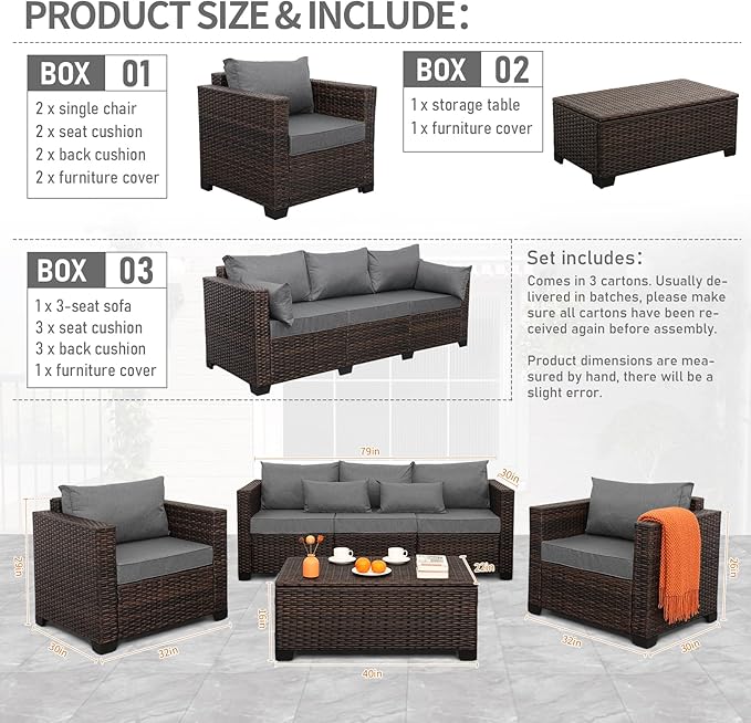 Outdoor Patio Furniture Set 4 Pieces Wicker Outdoor Furniture Chairs and Sofa Patio Storage Table Non-Slip Cushions and Waterproof Covers, Dark Grey
