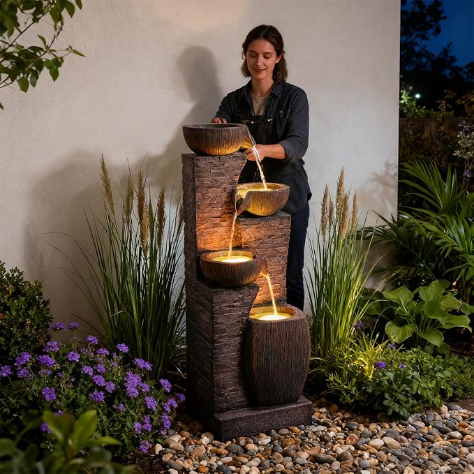 38.2" Tall Water Fountain Outdoor Garden,4 Tiers Modern Cascading Bowls and Stacked Stones Indoor Fountains with LED Lights for Patio, Deck, Porch, Backyard and Home Art Decor(Reddish-Brown