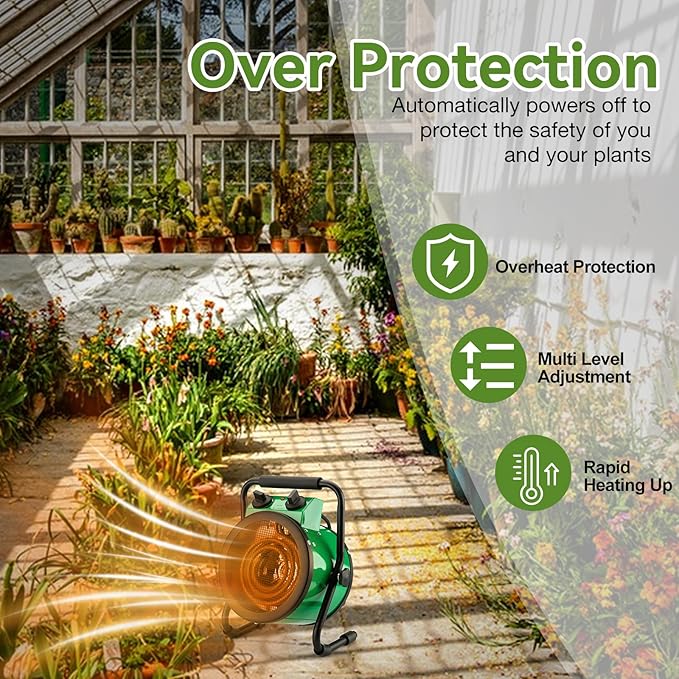 Greenhouse Heater with Digital Thermostat, 1500W Electric Outdoor Heaters for Patio, Fast Heating, Overheat Protection, Dustproof Design for Grow Tent, Green House, Flower Room, Green-Black