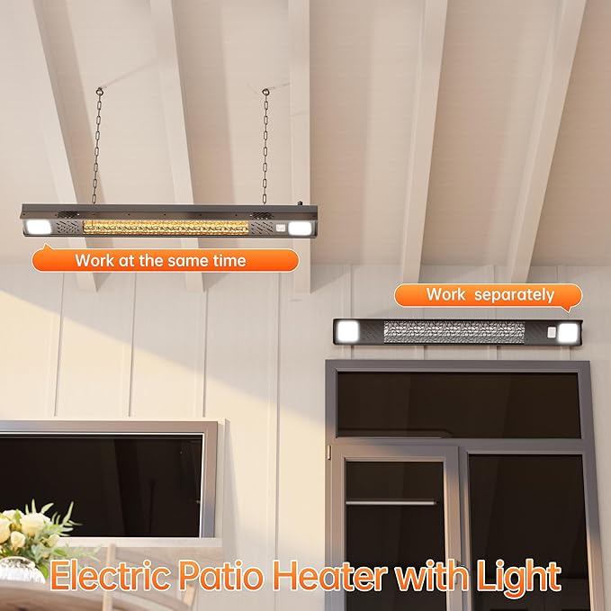 Wall-Mounted Electric Heater Hanging Patio with Light Ceiling Outdoor, 1500W Infrared 9 Heat Levels, 24H Timers, 1s Heating Carbon Fiber Tube Wall Heater for Backyard, Garage