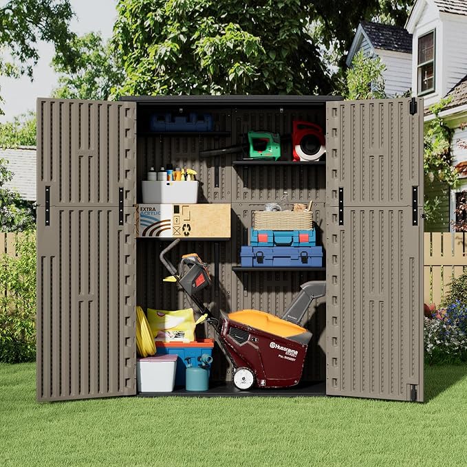 ZZM 57 Cu.ft Outdoor Storage Shed HDPE Storage Cabinet, Double-Wall Resin Sheds with Floor Vertical Lockable Sheds Garden Tools Trash Can, Lawn Mower, Bike Storage, Waterproof, Brown - Image 2