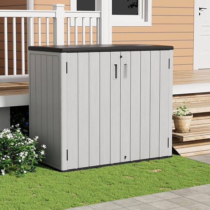 ZZM 37 Cu.ft Outdoor Storage Shed Double-Wall HDPE Storage Cabinet, Waterproof Plastic Sheds with Floor Horizontal Lockable Garden Tools Trash Can, Lawn Mower, Bike Storage, Gray - Image 5