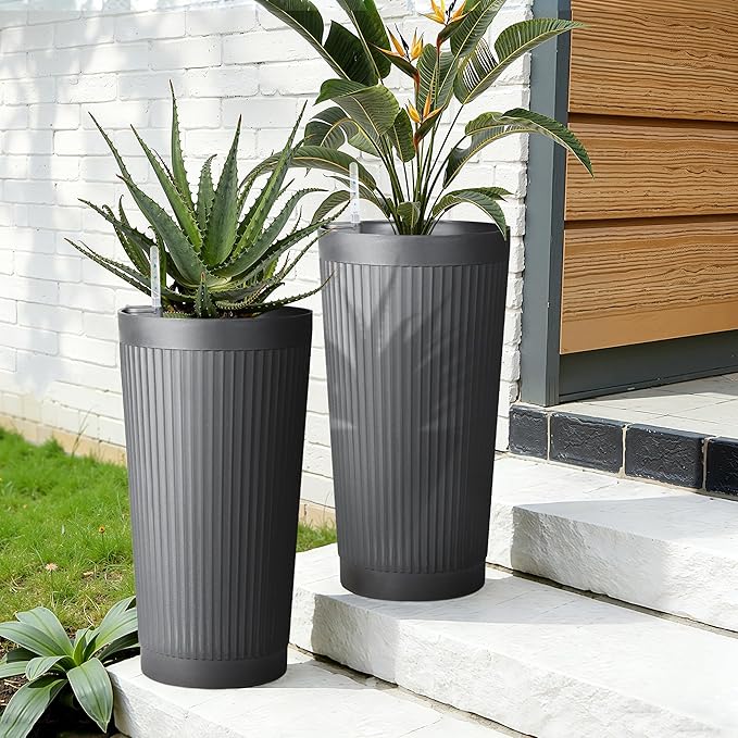 Self-Watering 24in Plastic Round Planter with Vertical Ribbed Design – Indoor Outdoor Flower Pot for Plants, Herbs, and Small Trees, Set of 2