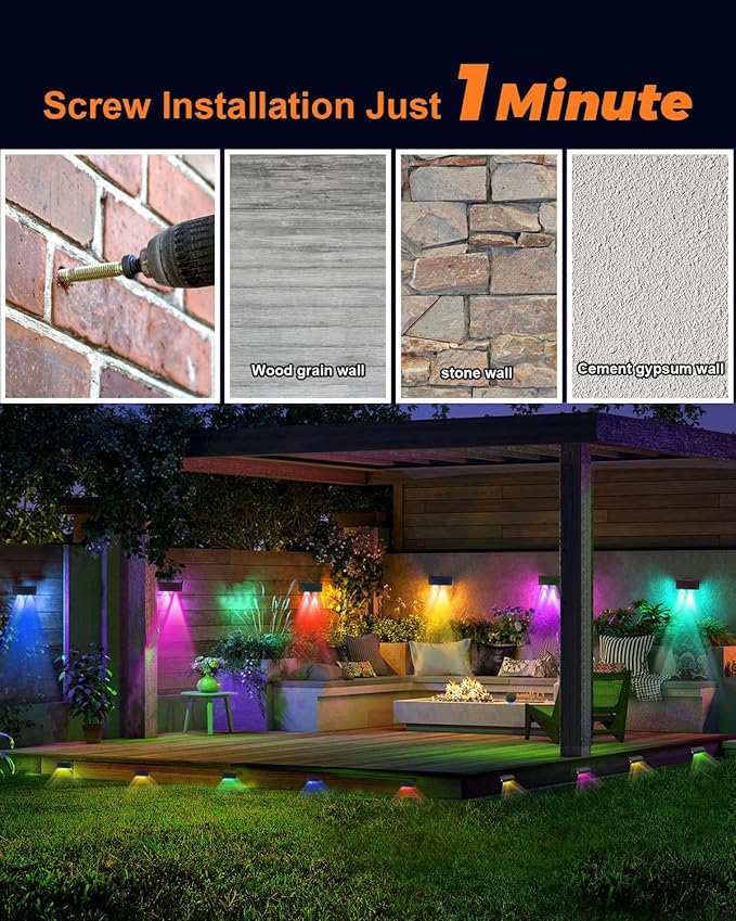 12 Pack Color Changing Solar Powered Fence Lights Outdoor Decorative LED Waterproof Yard Lamps for Outside Wall, Deck, House Patio, Rail, Stair, Yard, Pool, 7 Colorful Modes, Easy Installation