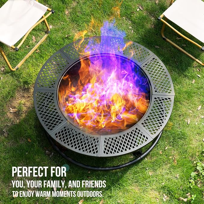 Panovue 42 Inch Outdoor Fire Pit with Grill, Large Firepit Table for Outside, Metal Round Firepits with Lid&Fire Poker,3 in 1 Wood Burning Fire Pits & Outdoor Fireplaces for Backyard,Patio(42'' Black) - Image 4