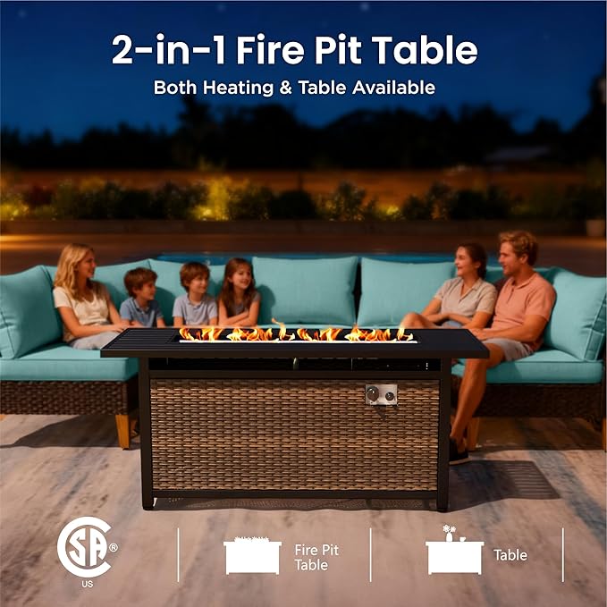 PHI VILLA 8-Piece Curved Patio Furniture Set with Fire Pit Table, Outdoor Wicker Half-Moon Sectional Sofa with Cushions, 56” Gas Fire Pit Table and Ottomans, Aqua Blue