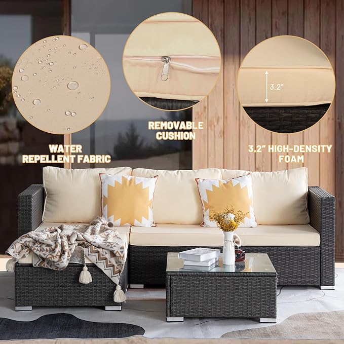 PAOLFOX5 Piece Rattan Patio Furniture Set, Outdoor Patio Conversation Set with Table,Soft Cushion and Backrest,Modern Chairs and Table Sets,Outdoor Furniture for Porch, Garden, Lawn,Grey/Beige