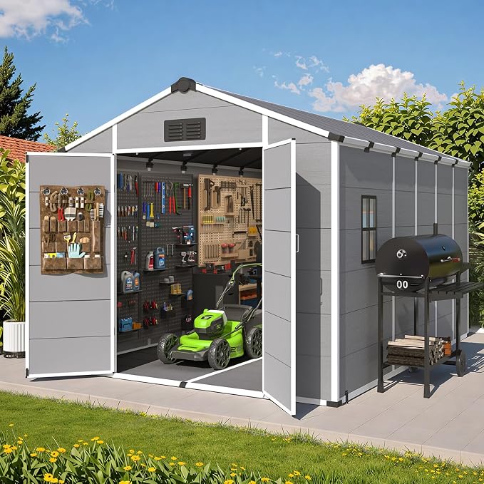 MELLCOM 8 x 12 FT Plastic Outdoor Storage Shed with Floor, Outdoor Resin Storage Tool Shed with Windows and Lockable Door, Resin Garden Shed for Lawnmower, Bike, Garbage Can by MELLCOM
