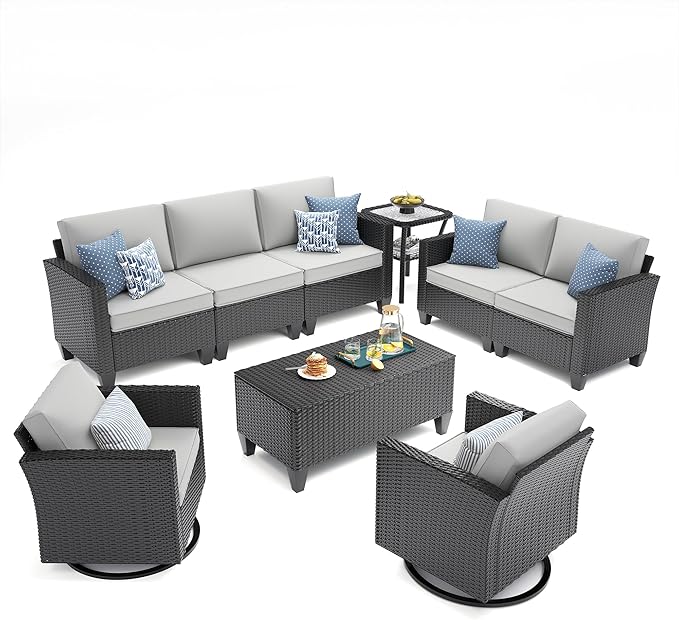 UDPATIO Patio Furniture Set, 6 Pieces Outdoor Furniture Sets with Rocking Swivel Chairs, Wicker Rattan Outdoor Conversation Set with Storage Table and Waterproof Covers for Backyard, Light Grey