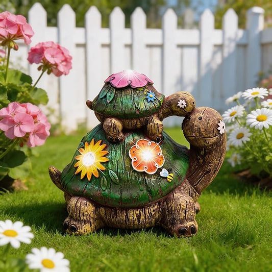 TERESA'S COLLECTIONS Garden Decor, Turtles Garden Decor, Family Tortoises with Solar Light, Waterproof Resin Garden Statue, Turtles Gifts Birthday Gifts for Women Mom, 7"