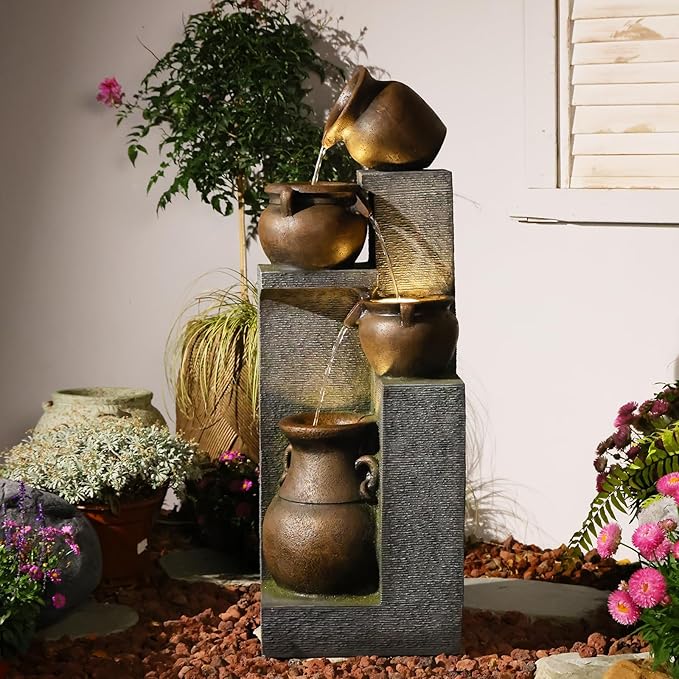 53''H Water Fountain Outdoor Garden Fountain Large- 4 Tiered Cascading Bowls and Outdoor Fountains and Waterfalls with Lights for Garden, Patio, Backyard, Porch Home Art Decor