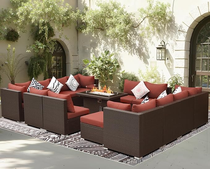BULEXYARD 15 Piece Highback Wicker Patio Furniture Sets with Firepit, All-Weather Heavy Duty Outdoor Conversation Set Modular, Extra Deep Wide 14-Seats Sectional Couch Sofa for Backyard, Brown & Red